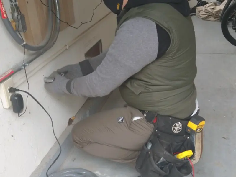 Electrician performing outlet wiring in a Clairton garage